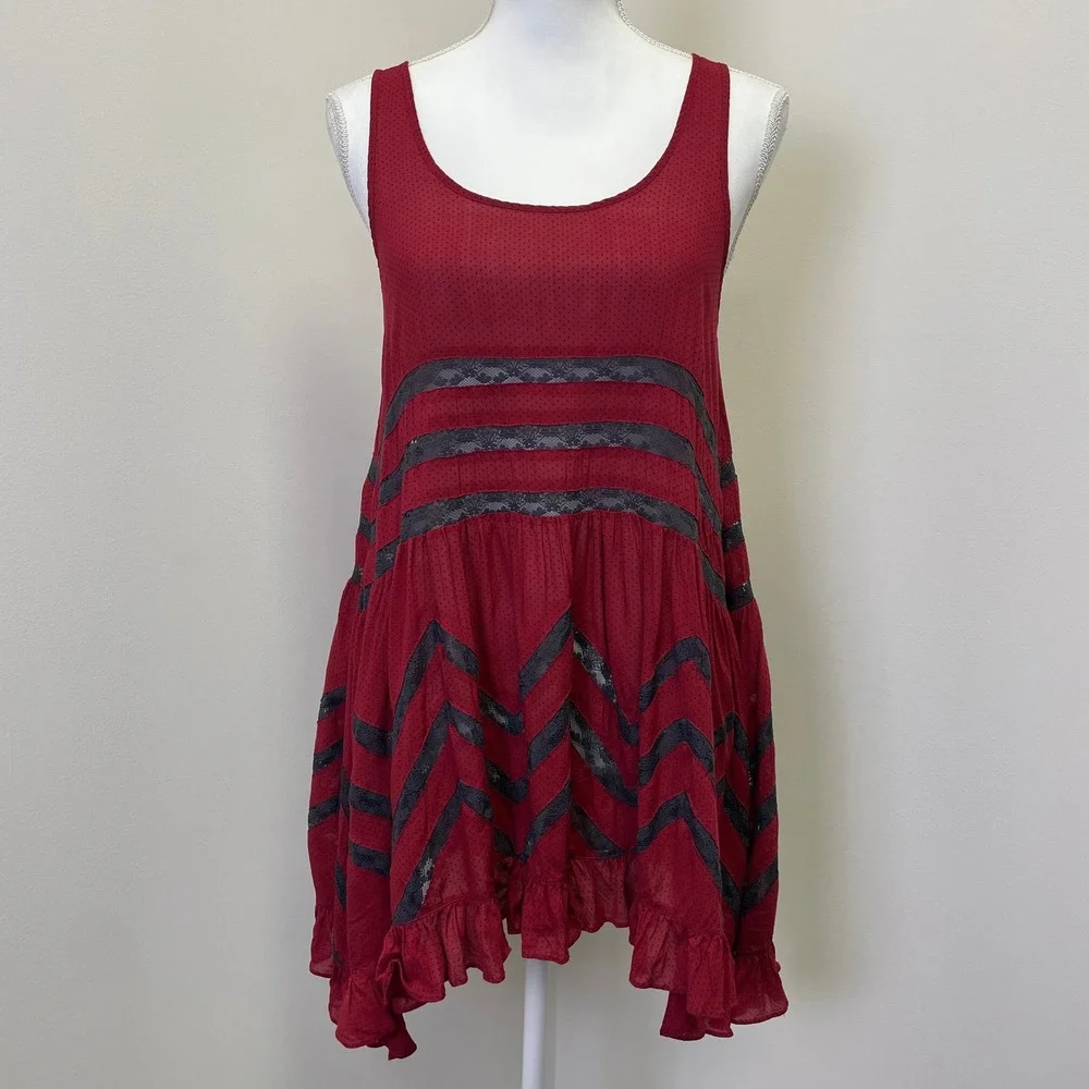 Free People Intimately Red Polka Dot Lace Trim Ruffle Slip Tunic Top XS Boho - Picture 1 of 16